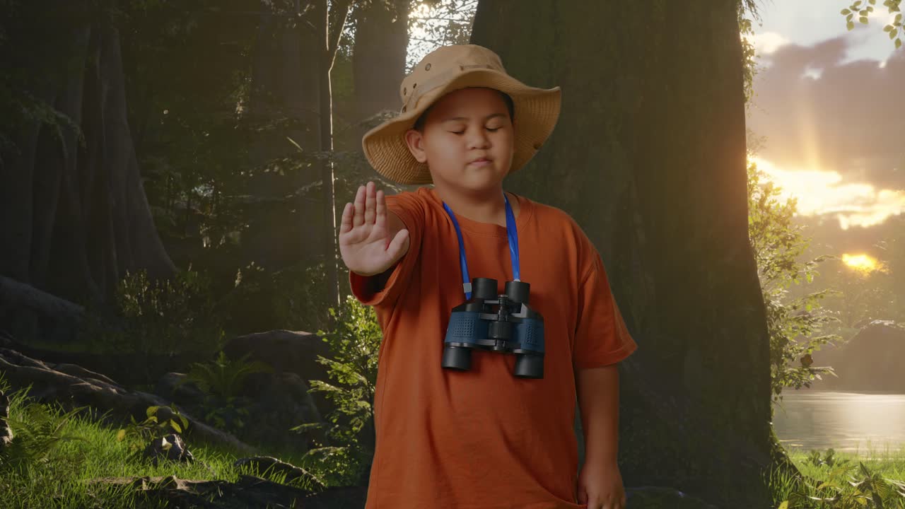 niño asiático con sombrero y binoculares sacudiendo la cabeza agitando la mano sin mostrar ningún gesto evitar oferta mientras explora la naturaleza del bosque. niño investigador, concepto de aventura de turismo de viaje