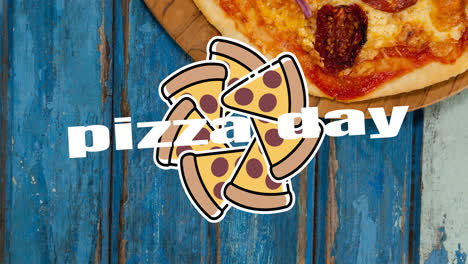 animación de iconos de pizza y texto del día de la pizza sobre pizza fresca
