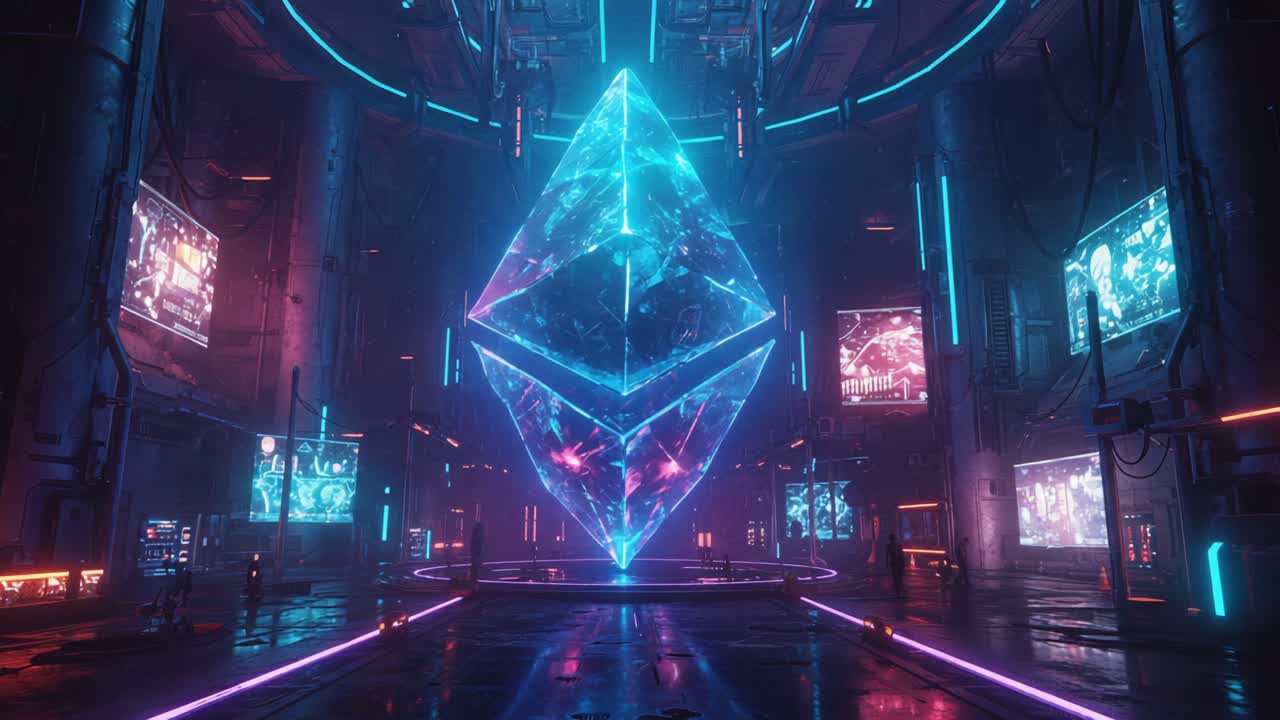 A captivating digital landscape featuring a glowing crystal-like structure surrounded by vibrant neon lights and futuristic displays, illustrating a cybernetic world full of technology and innovation