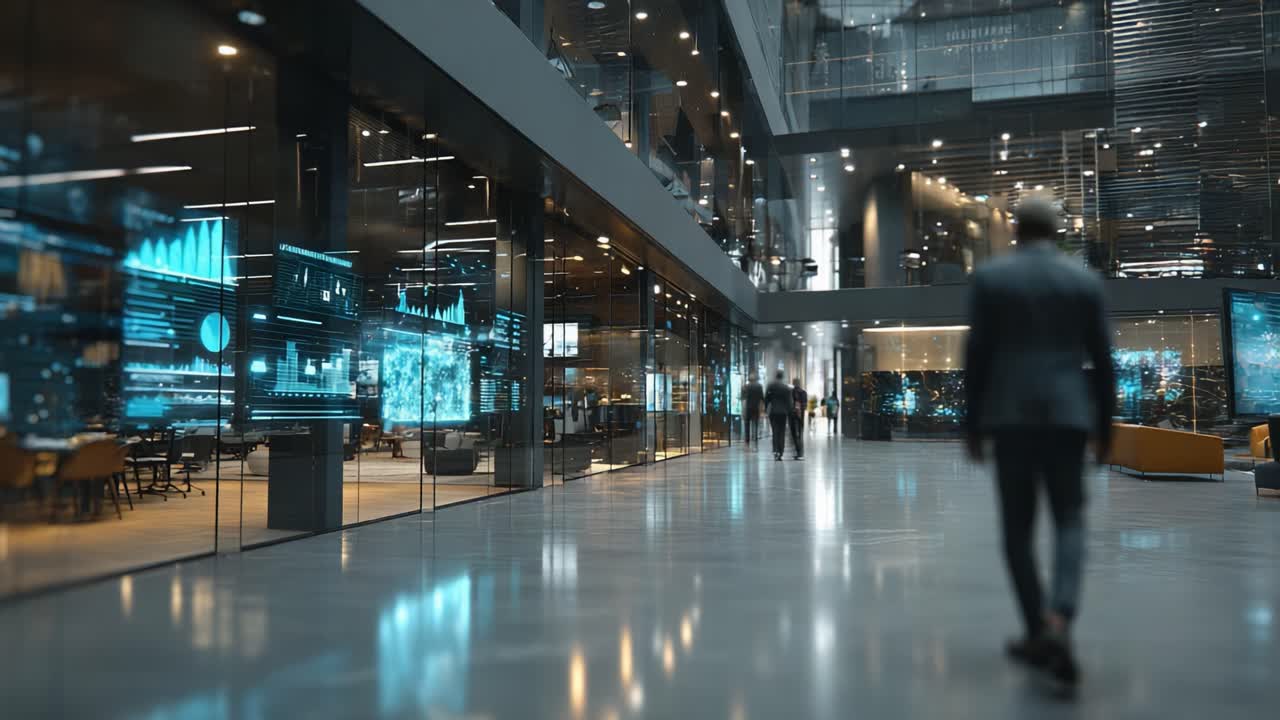 A Modern Corporate Environment Featuring Innovative Technology Displays and Business Professionals Engaging in Dynamic Collaborations
