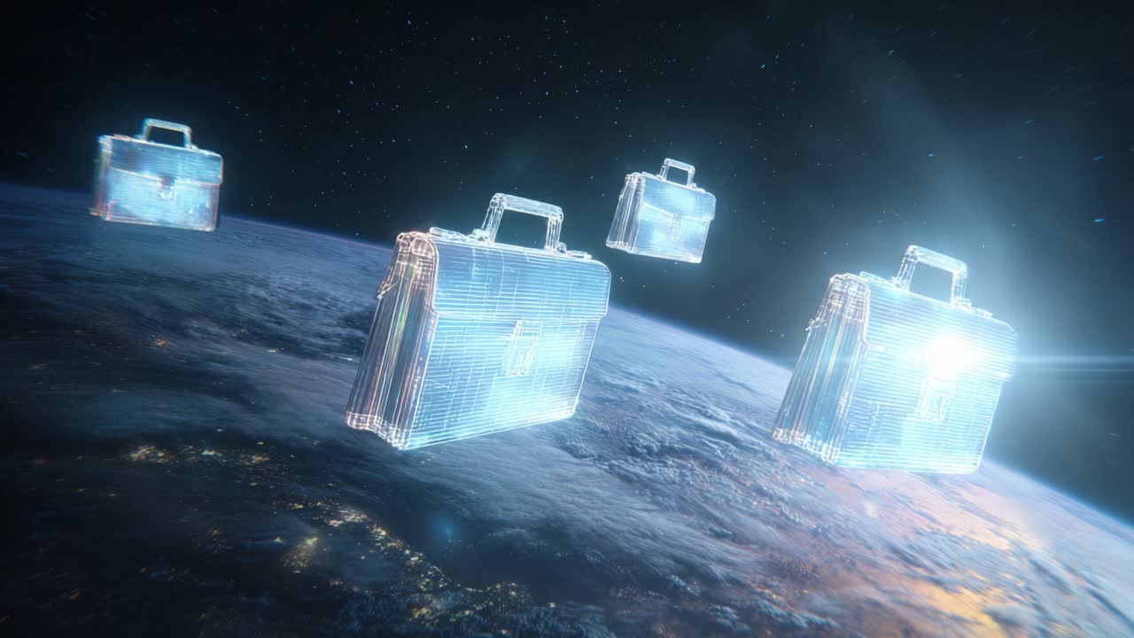 Luminous business briefcases made of a digital grid structure floating in outer space, representing a global business concept, international corporate travel, and the future of work