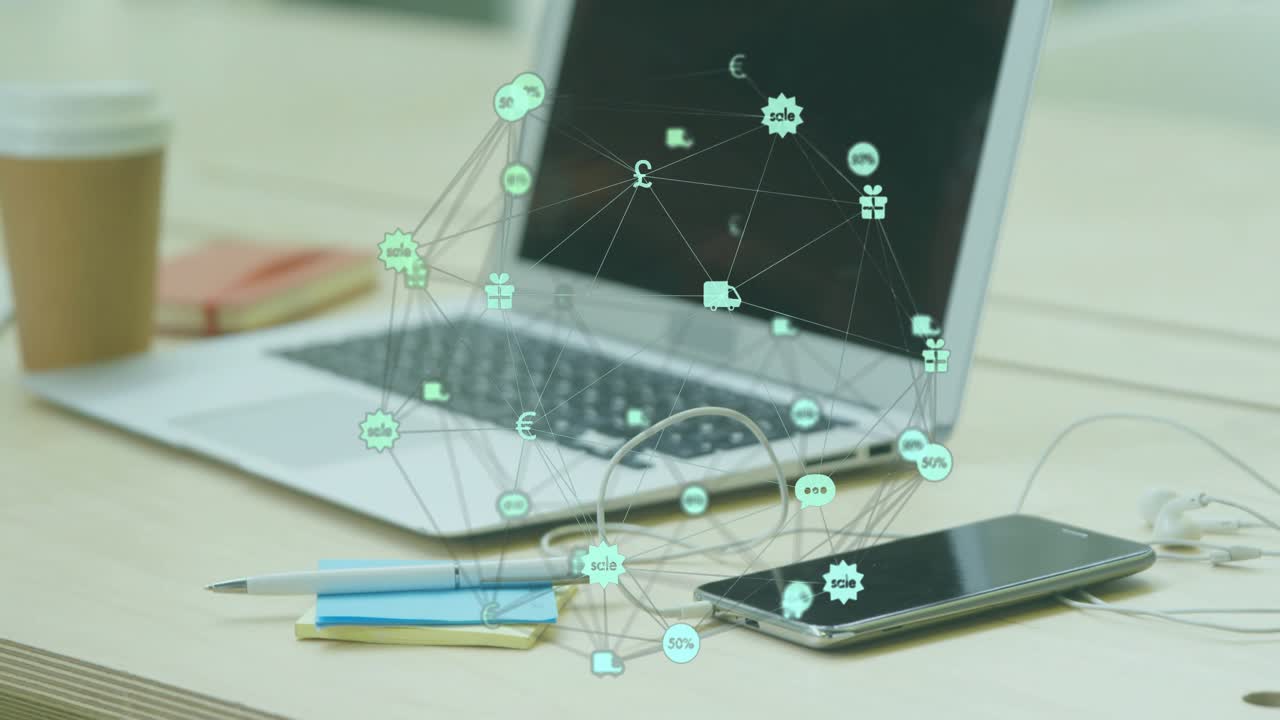Faint network sphere fading in rotating and detaching nodes to sync data between laptop and phone