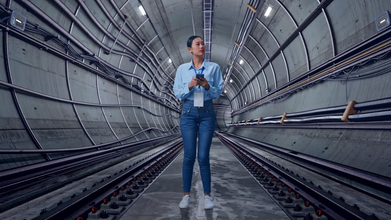 Full Body Of Asian Female Worker With Her Smarphone In Underground Subway Tunnel, She Observes By Looking Around Before She Come To Concentrating With Her Smarphone