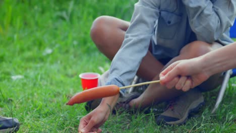 mujer feliz asando un perrito caliente en una fogata 4k