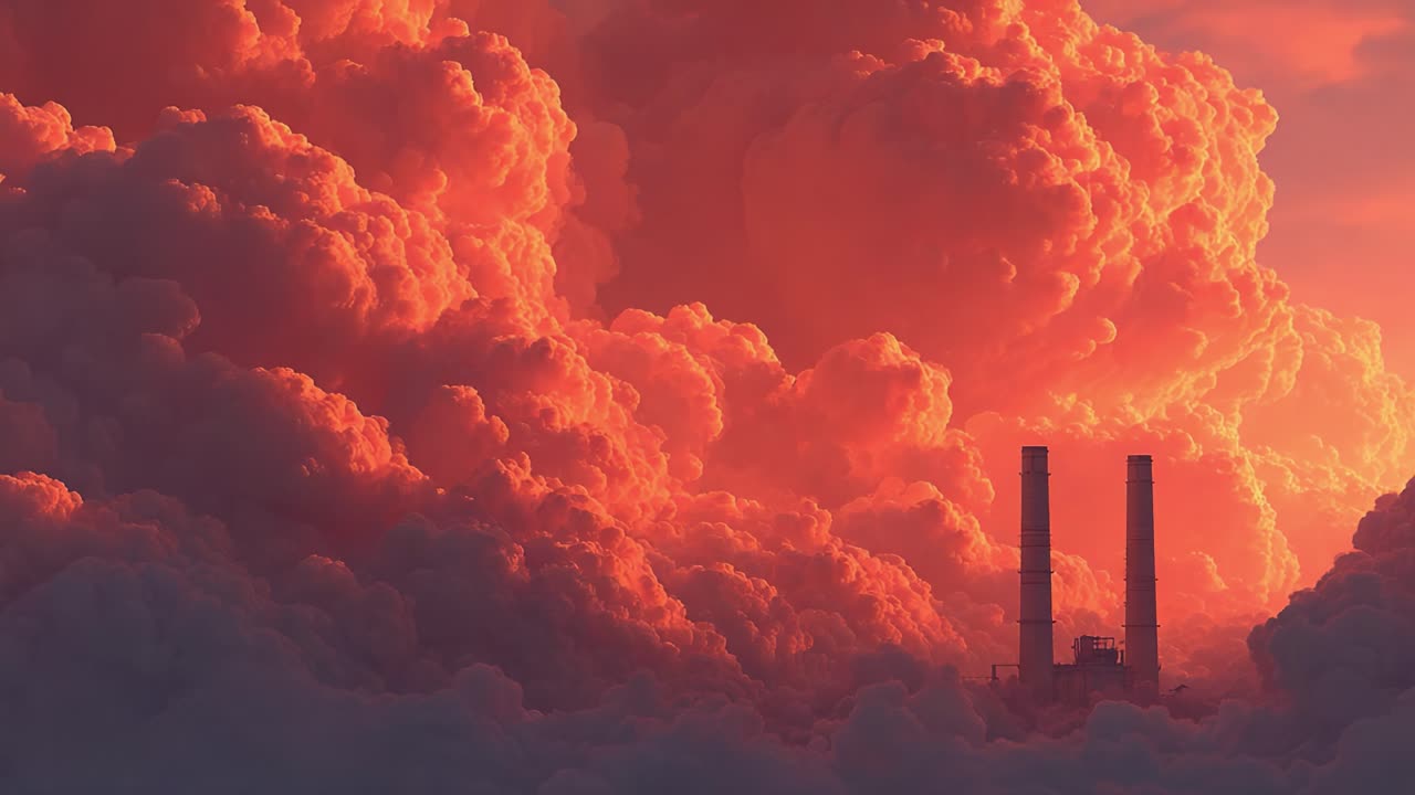 Majestic Sunset Over Industrial Towers Amidst a Sea of Fiery Clouds, Merging Nature's Beauty with Man-made Structures in a Stunning Cinematic Moment