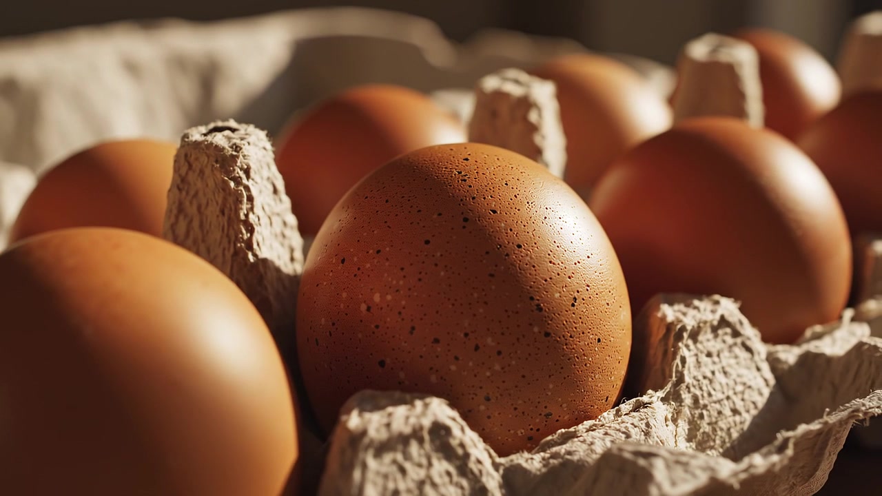 Close up of fresh organic brown eggs in paper carton