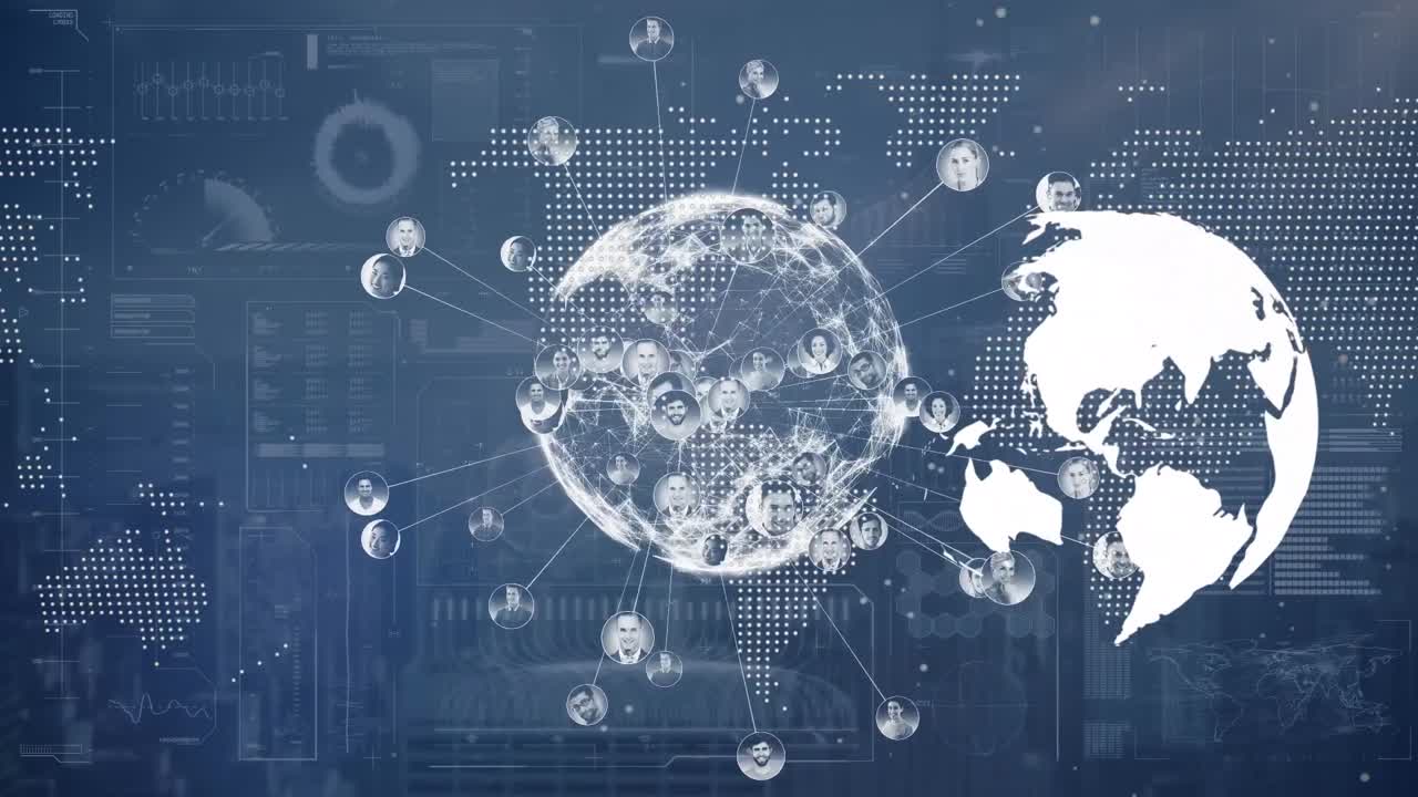 파란색 배경에 세계 지도에 대한 연결과 함께 지구상의 애니메이션