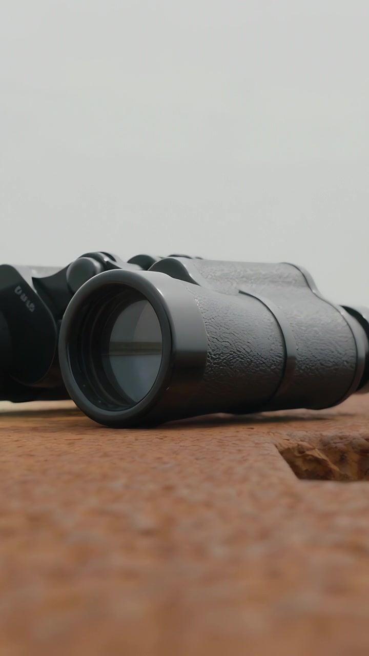 Video verticale: Telecamera che si sposta rivelando un binocolo nero su un tavolo di legno per mostrare l'intera struttura
