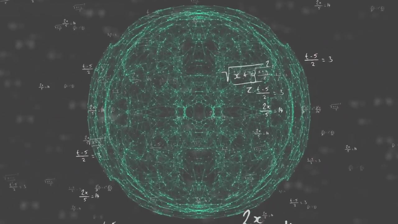 Sfera ciano luminosa che inizia a ruotare, deformarsi, dividersi e fondersi, mostrando schemi di rete matematici.