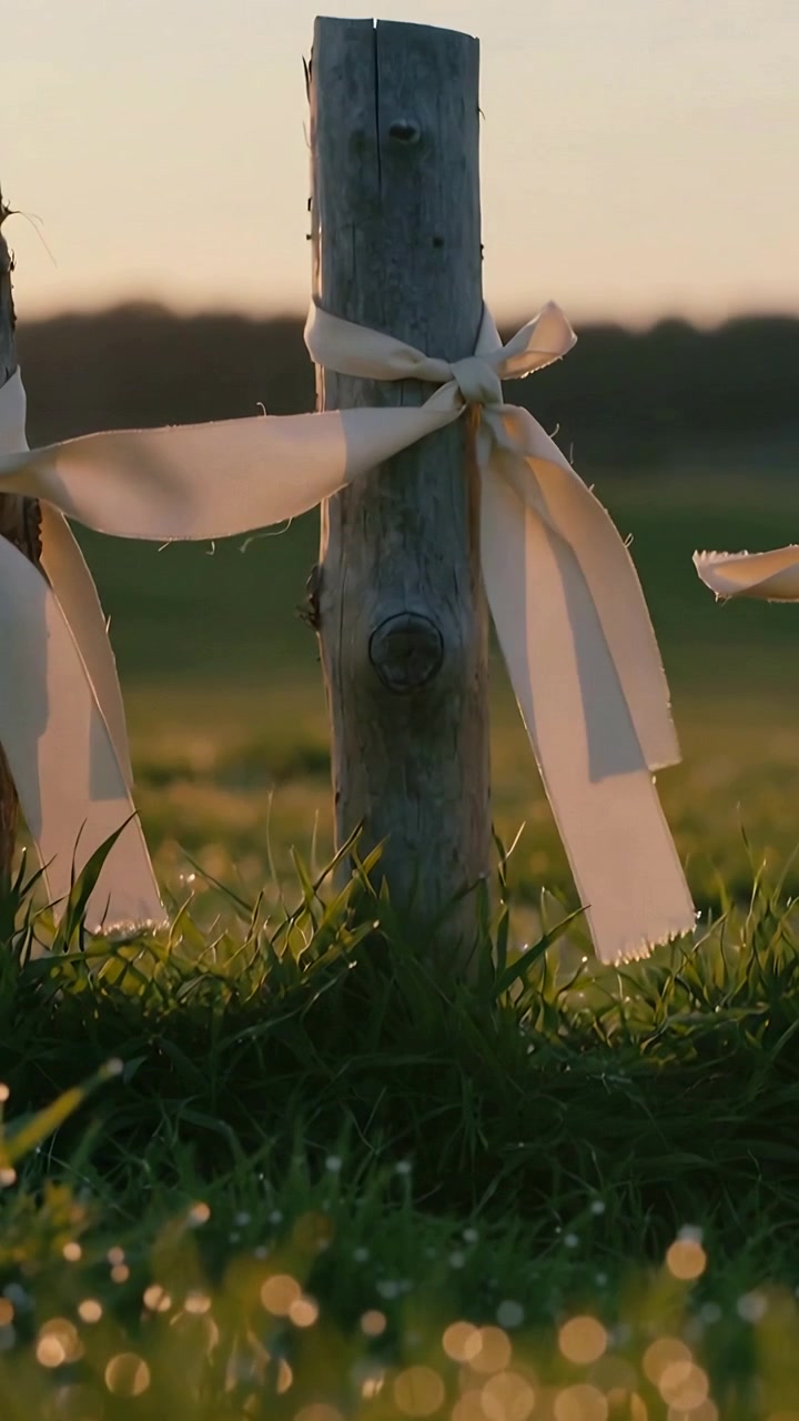 Vertical video: Rising camera moving to reveal wooden stake with white ribbon in field, dew bokeh