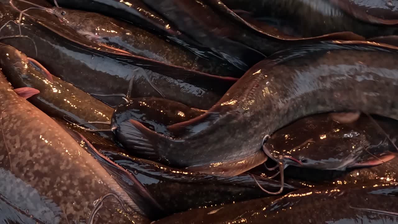 A group of catfish closely packed, displaying shiny scales and dynamic movements.