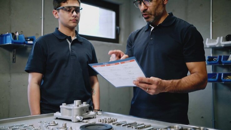 Raising checklist, instructor pointing and teaching trainee at shop with parts and navy polos