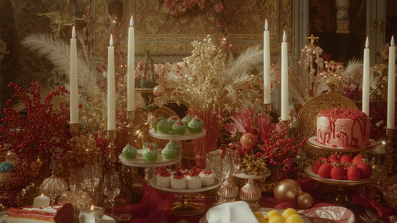 Panning camera revealing banquet table in dining room, showing candles, desserts, florals and cake