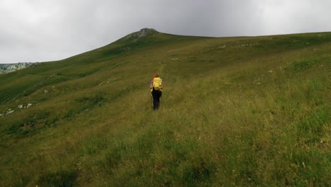 Toma-De-Gran-Angular-Que-Revela-A-Un-Excursionista-Cruzando-Un-Prado-De-Hierba-Verde-Alpina-De-Montaña