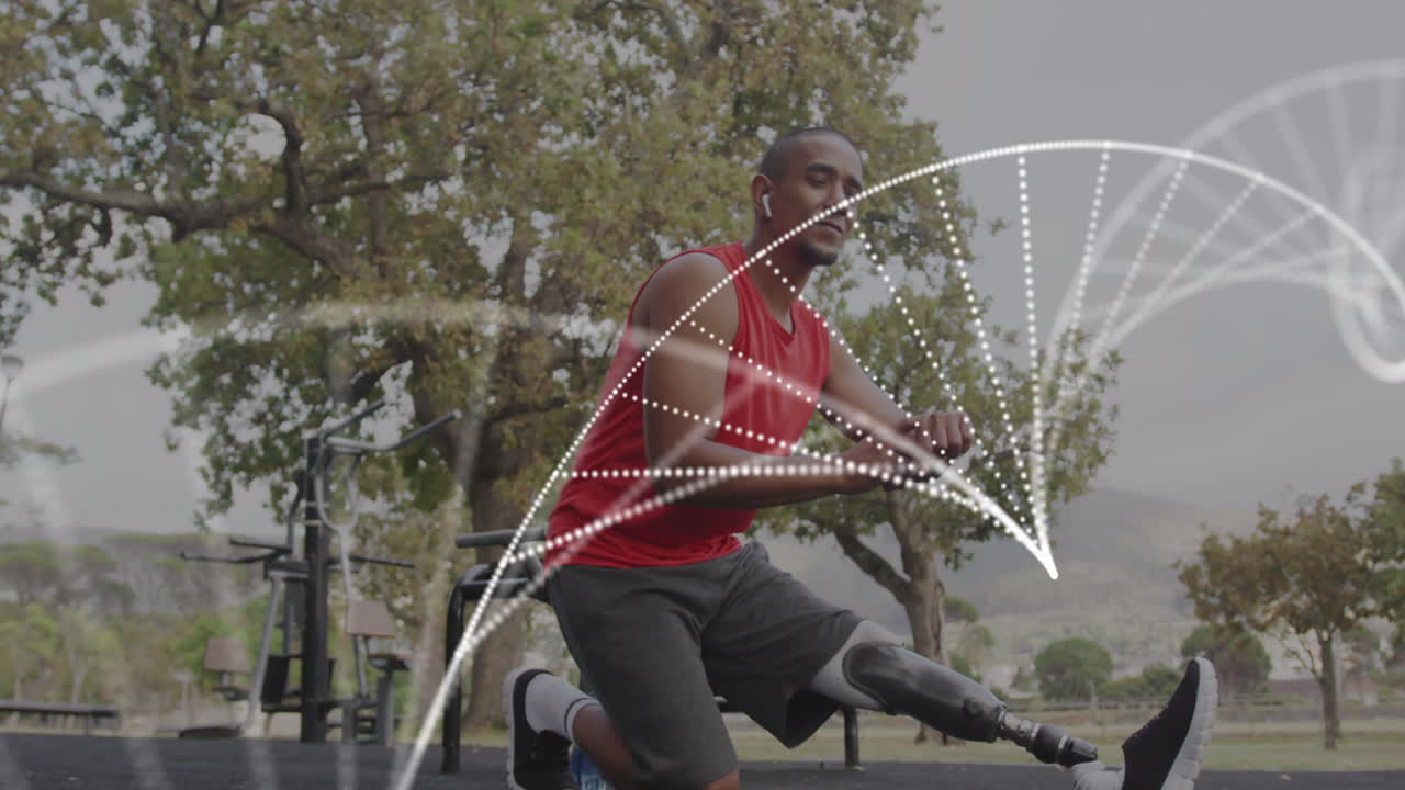 animación de partículas que forman una cadena de adn sobre un atleta masculino con una pierna protésica haciendo ejercicio al aire libre