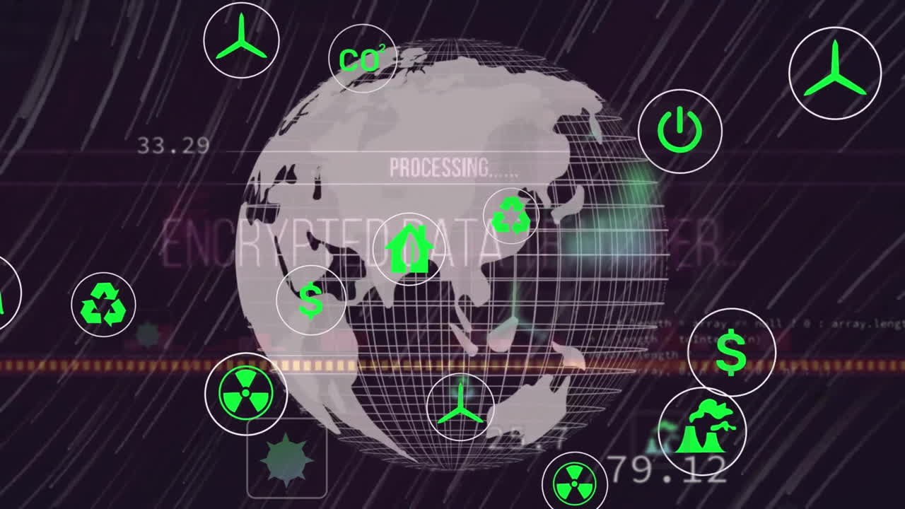 텍스트, 아이콘, 컴퓨터 언어 및 검은 바탕에 회전하는 지구의 애니메이션