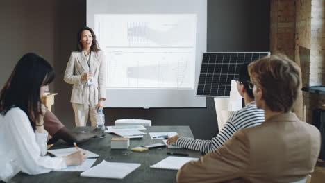 mujer presentando un proyecto de energía alternativa en una reunión de negocios