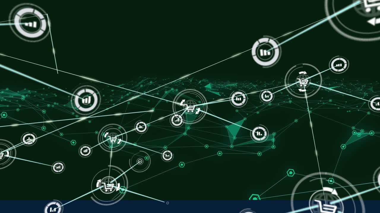 Animation of network of connections with online shopping icons over glowing green light trails