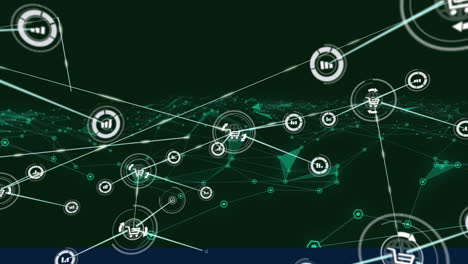 animación de la red de conexiones con iconos de compras en línea sobre senderos de luz verde brillante