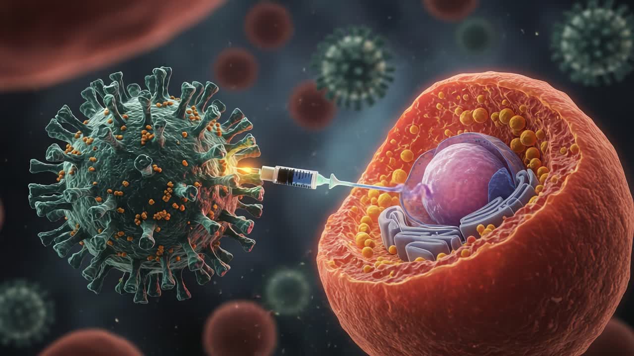 Illustration of a viral infection process where a virus injects its genetic material into a human cell, highlighting the interaction between virus and host cell dynamics.