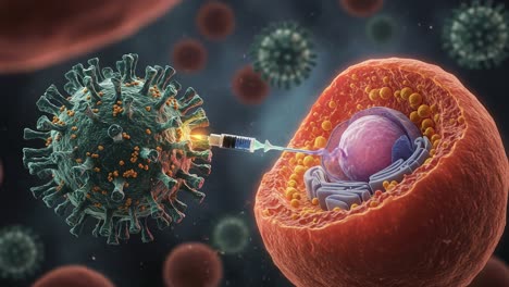 illustration of a viral infection process where a virus injects its genetic material into a human cell, highlighting the interaction between virus and host cell dynamics.