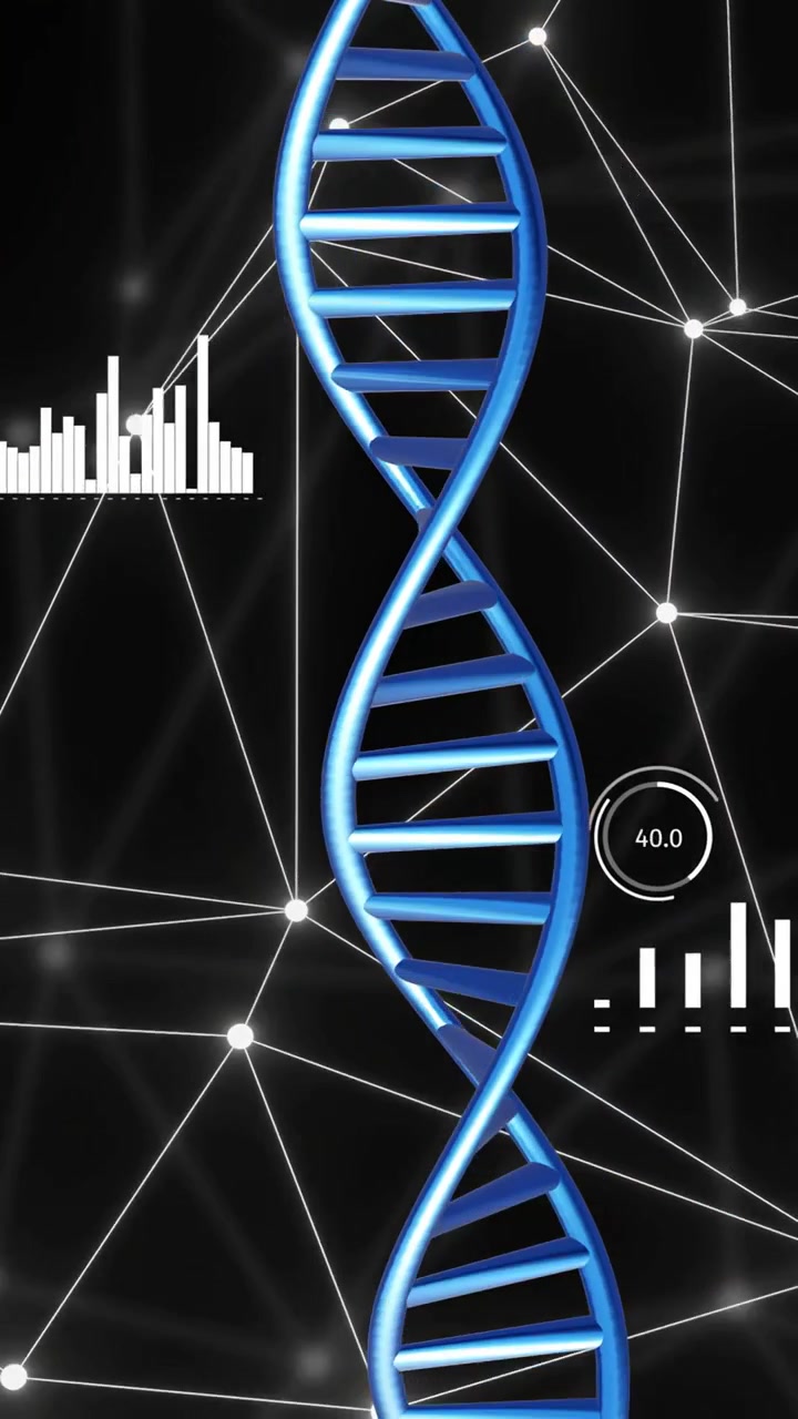 Vertical video: Pulsing nodes sparking rotating blue DNA helix bobbing while showing analytics