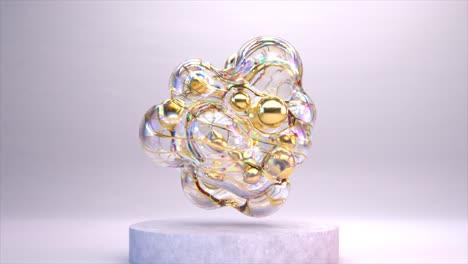 Abstract-translucent-bubble-cluster-with-golden-cores,-3D-animation