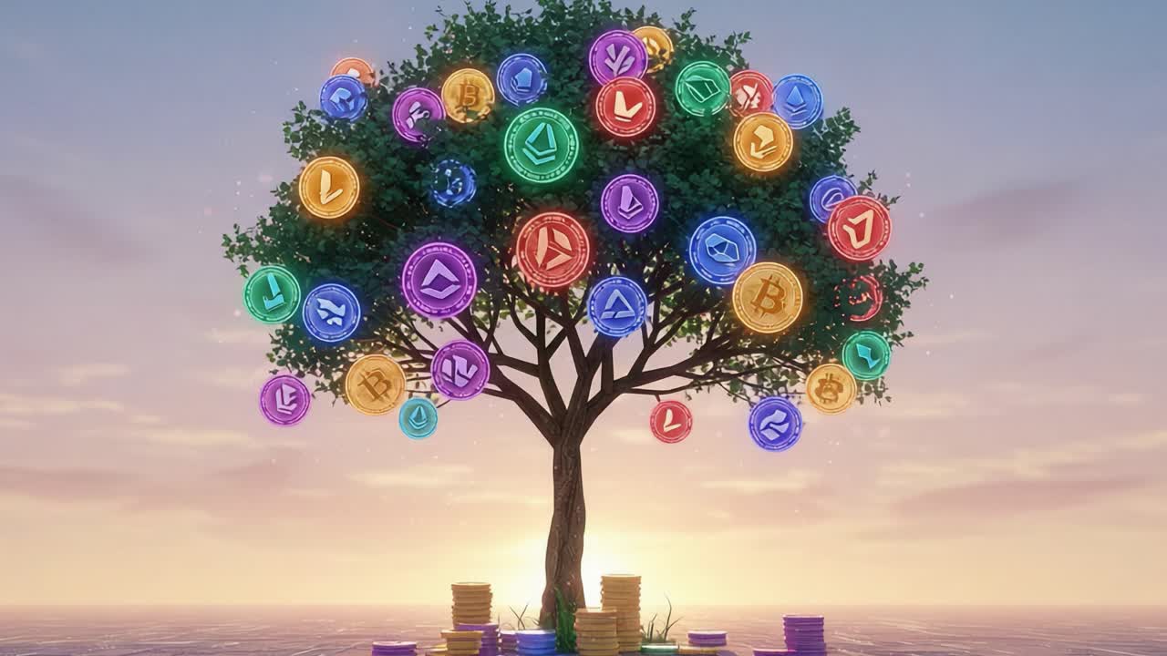 A Vibrant Tree of Digital Currency: A Visual Representation of Wealth Growth and Financial Prosperity with Colorful Crypto Coins Hanging from the Branches