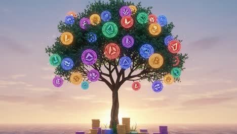 a vibrant tree of digital currency: a visual representation of wealth growth and financial prosperity with colorful crypto coins hanging from the branches