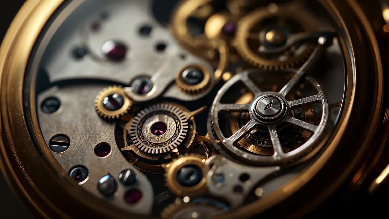 Revealing balance wheel and gear train oscillating inside gold case, focus shifting, revealing rim