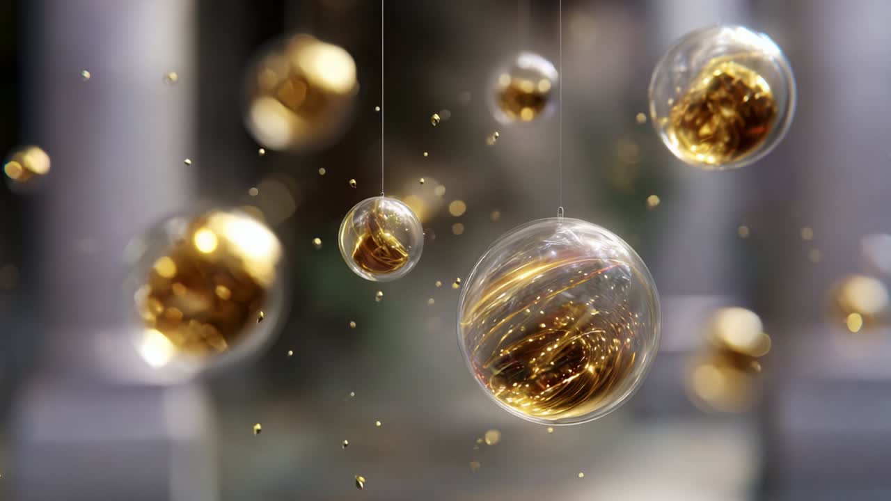 Captivating Orbs: A Visual Symphony of Graceful Glass Blobs Suspended in Mid-Air, Reflecting Light with Golden Swirls and Capturing Attention with Their Ethereal Beauty in a Dreamlike Atmosphere
