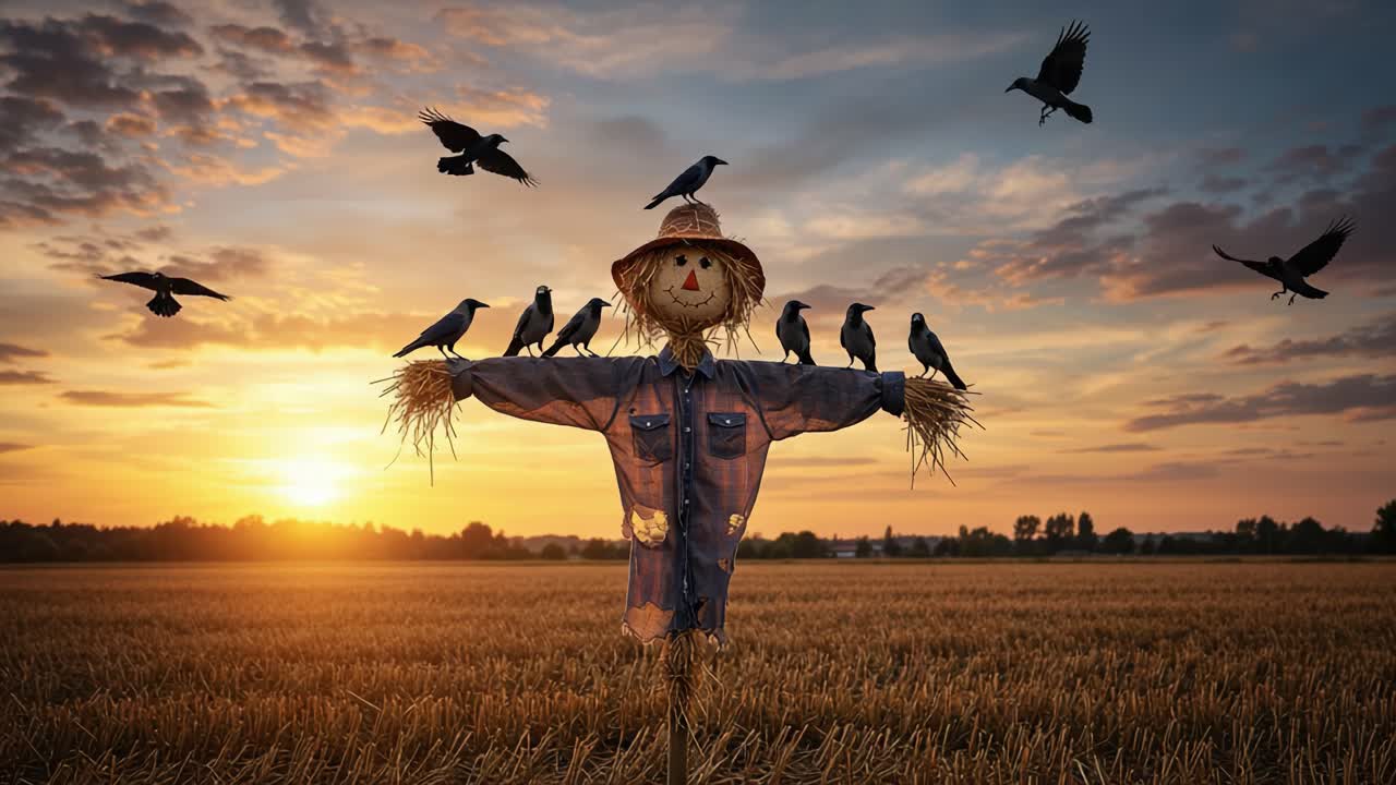 A picturesque sunset scene featuring a charming scarecrow standing tall in a golden field, surrounded by playful birds, capturing the essence of rural tranquility and nature's beauty