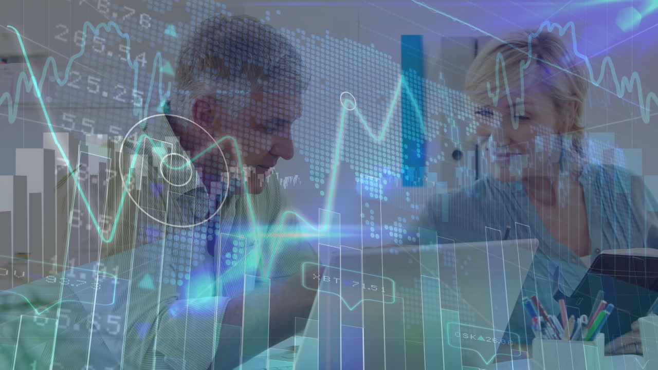 animación de diversos datos y gráficos sobre las mujeres y hombres caucásicos de alto nivel que trabajan en oficinas