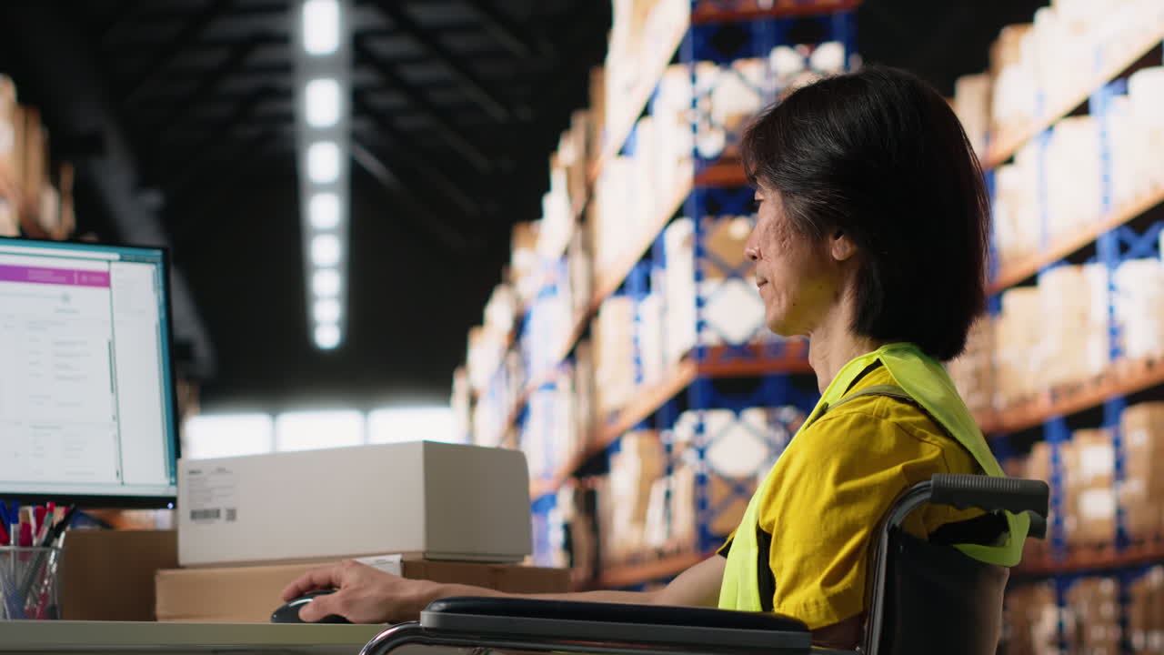 Vertical Video Employee with physical impairment managing warehouse logistics