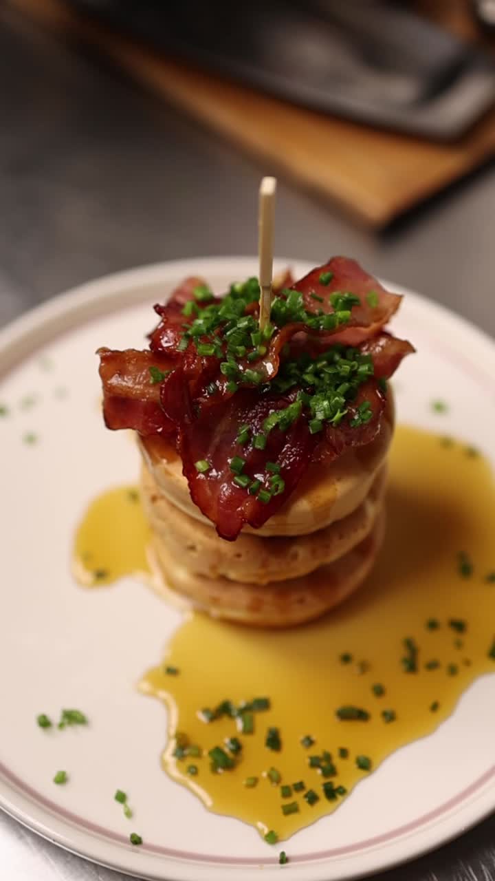 Gourmet Pancakes Stacked with Crispy Bacon and Golden Syrup