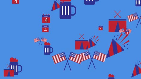 animación de banderas estadounidenses e iconos del día de la independencia moviéndose sobre un fondo azul