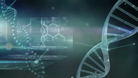 Animation-of-dna-strand-spinnings-over-scientific-data-processing-on-green-background
