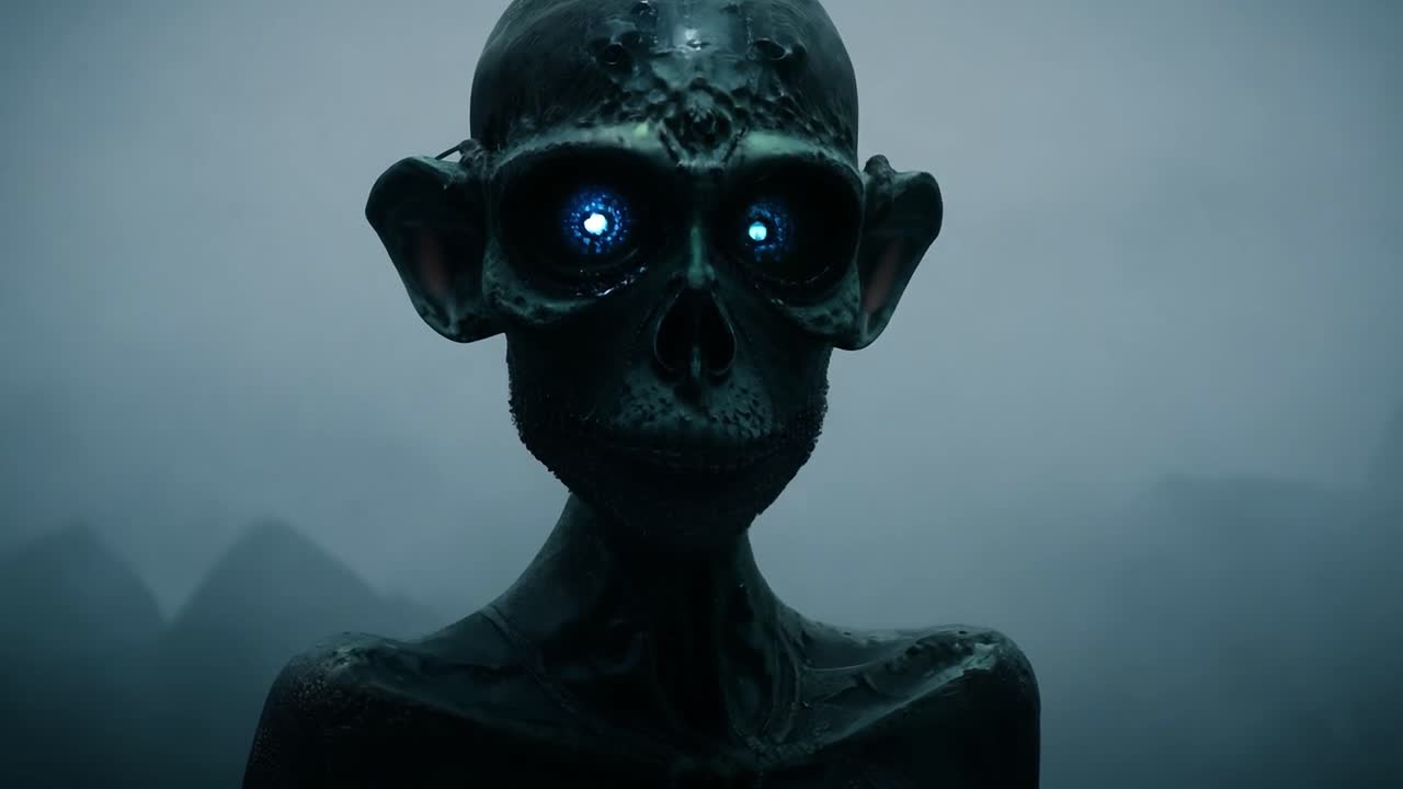 Creepy monster with glowing eyes changing colors in a dark, eerie environment creates a chilling atmosphere