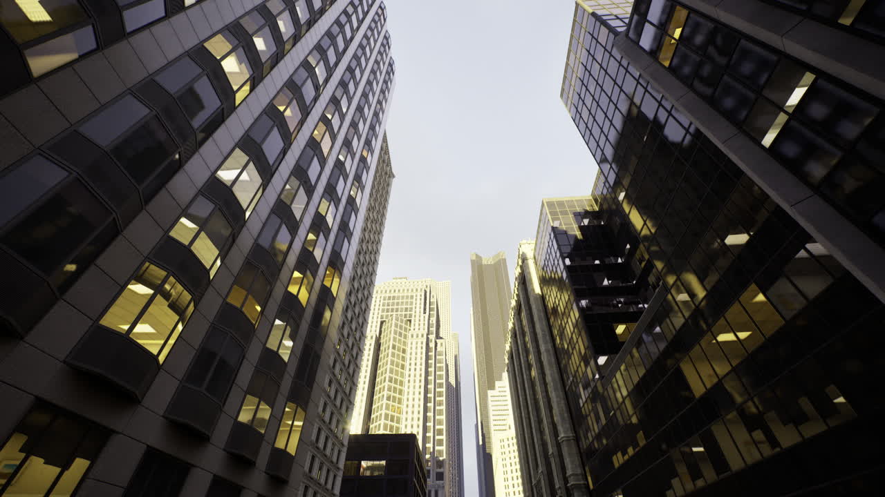 Urban skyline captured between towering buildings on a sunny afternoon