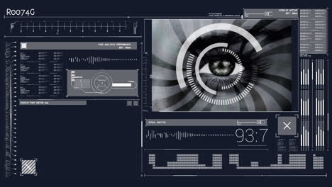 animation of scope scanning and data processing on black background