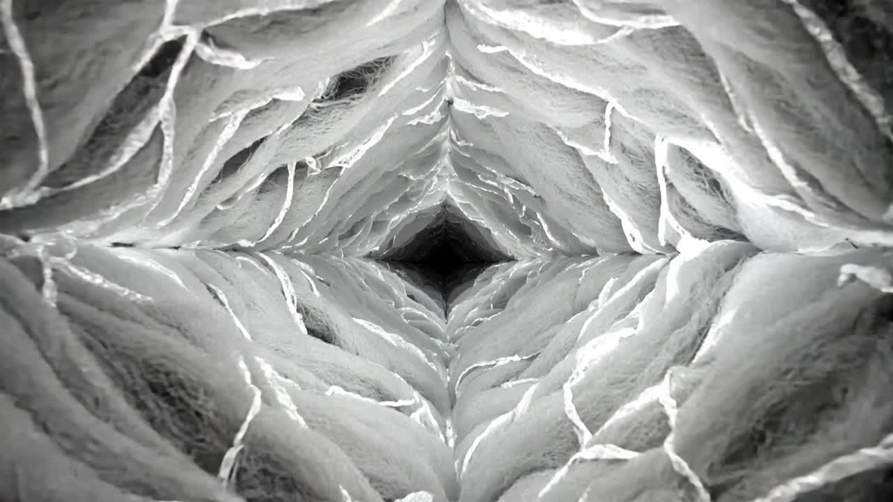Widening tear in red panel revealing layered white fibrous tunnel at studio set, with dark void