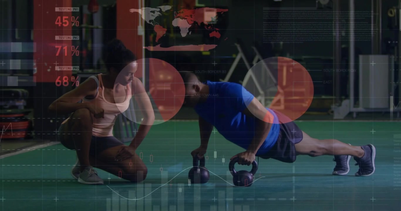 Trainer giving cue and client doing kettlebell push-ups while fitness charts guiding performance