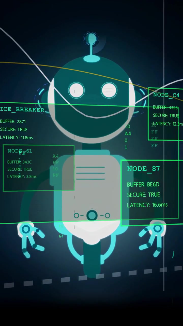 Vertikal video: Netværkspuls starter robotskanning, øjne skifter, HUD NODE_87 glider frem for scanning.