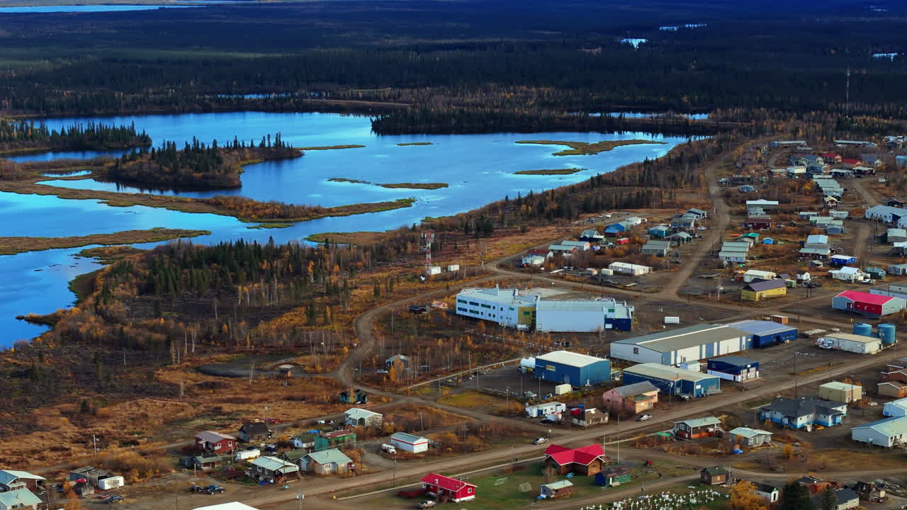 Residential On Fort McPherson Hamlet In Northwest Territories, Canada. Aerial Drone Shot