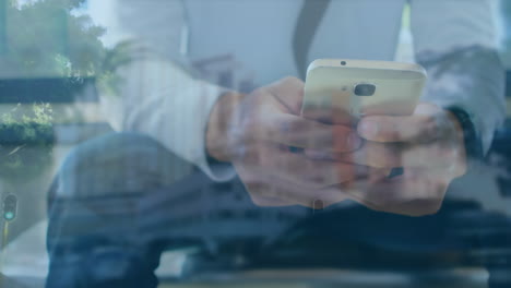 animación de un hombre usando un teléfono inteligente sobre el paisaje urbano