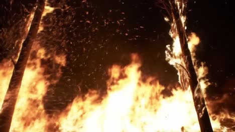 intense flames erupting between burning trees, capturing the power of fire amidst darkness, creating an engulfing scene of heat and destruction
