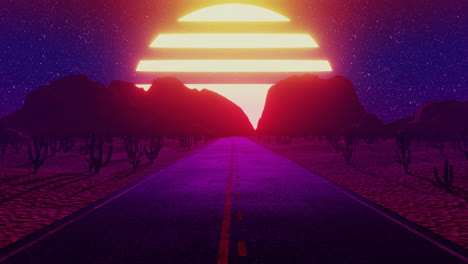 Seamless-endless-road-through-the-desert-with-retro-futuristic-sky-and-sun