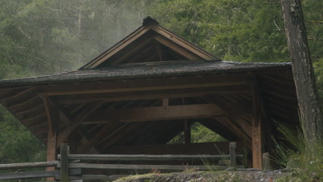 amidst the mist, a mystic wooden house materializes. weathered and enigmatic, it exudes an enchanting aura, inviting curiosity and sparking imaginations with its timeless charm.