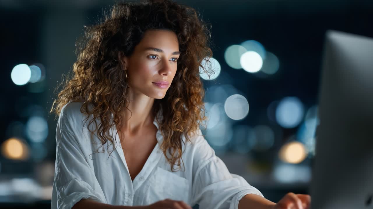 Focused Woman Working on Computer in Dimly Lit Environment, Capturing the Essence of Productivity and Modern Work Life at Night with Soft Bokeh Effects