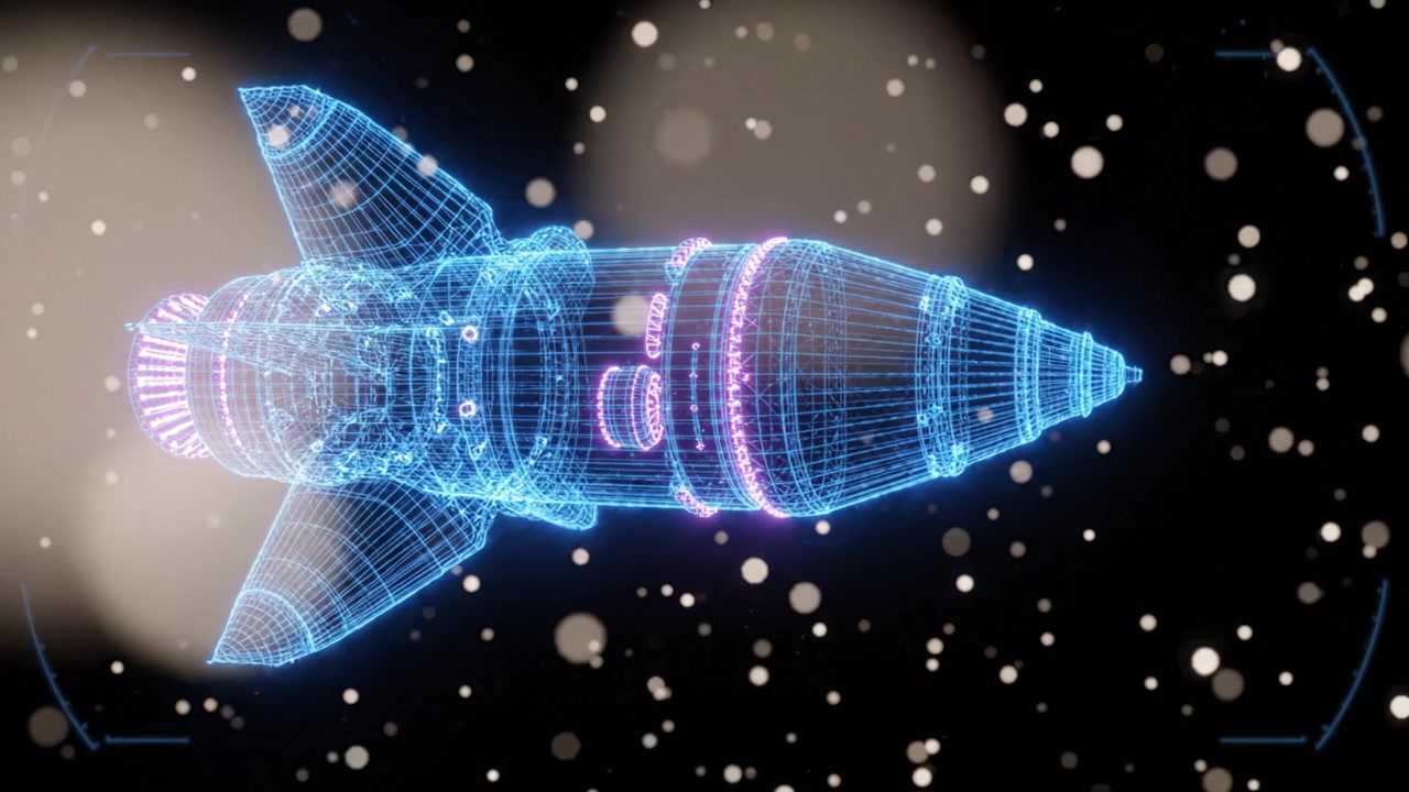 A Futuristic Rocket Model Rendered in Neon Wireframe Against a Starry Space Background, Showcasing Advanced Technology and Digital Artistry.